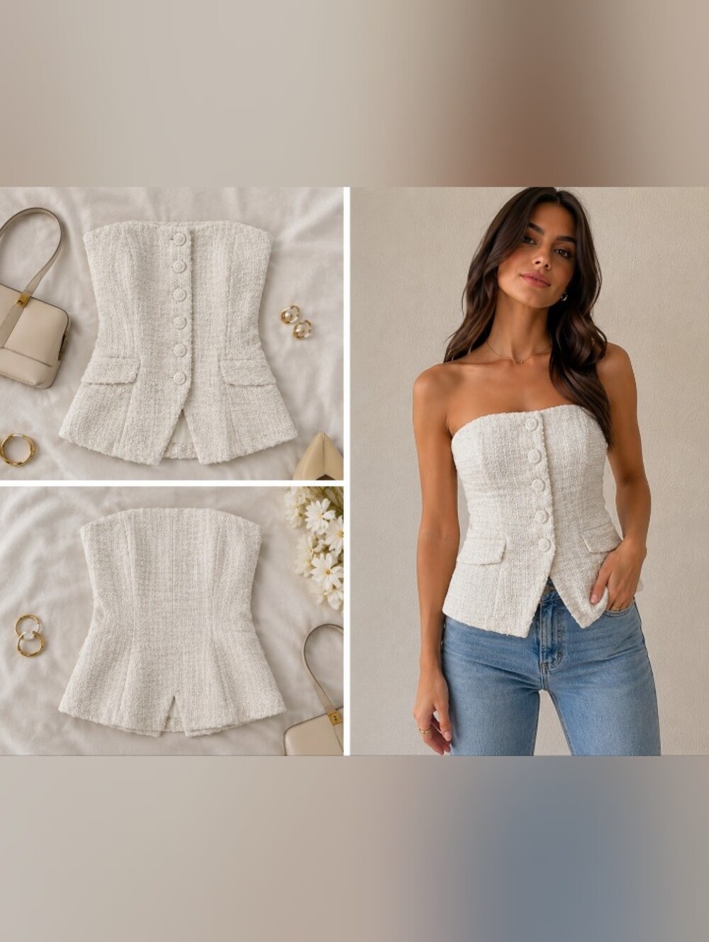 White House Black Market Size Small Ivory Strapless Tweed Button Vest Corset Top